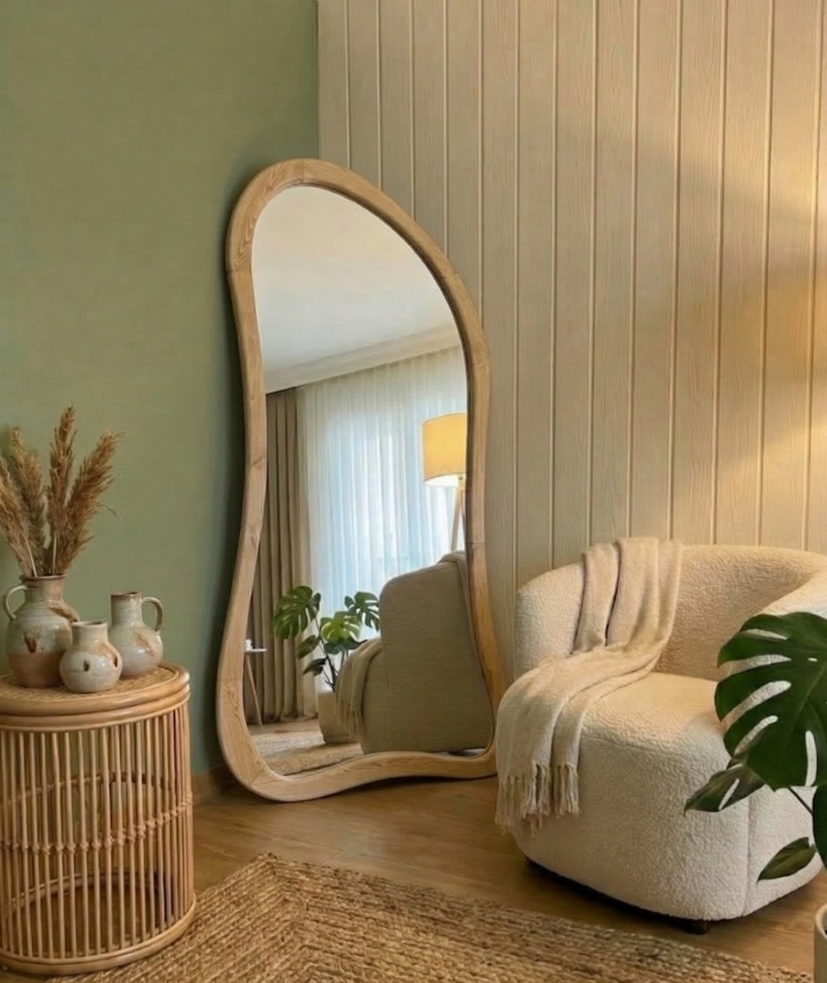 80 x 180cm Naturel Ahşap Çerçeveli Ayaklı Boy Aynası