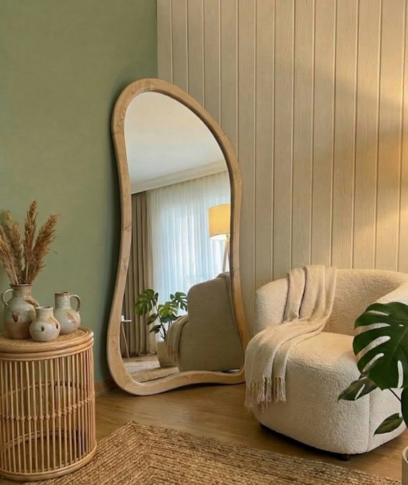 80 x 180cm Naturel Ahşap Çerçeveli Ayaklı Boy Aynası