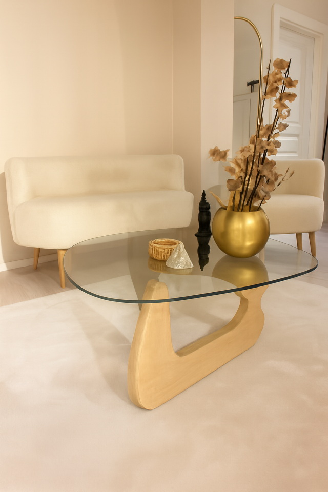 Naturel Ahşap Modern Cam Orta Sehpa 90x65 (8 mm Temperli Cam KIRILMAZ)