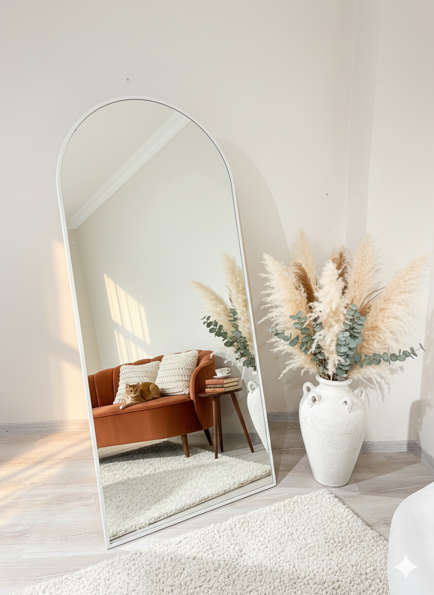 Metal Çerçeve Beyaz Oval Ayaklı Boy Aynası 80x180