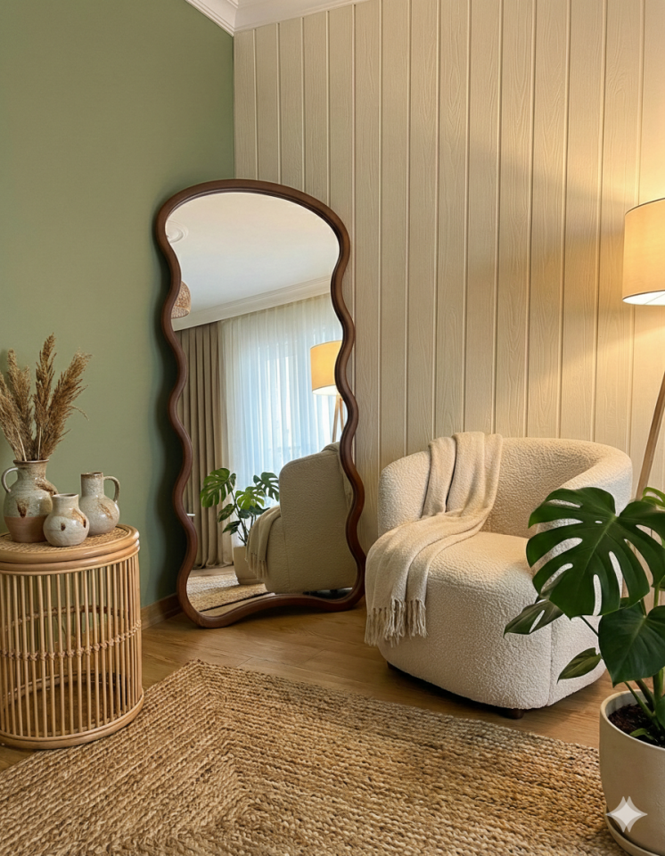 Ceviz Ahşap Çerçeve Dalga Model Ayaklı Boy Aynası 80x180