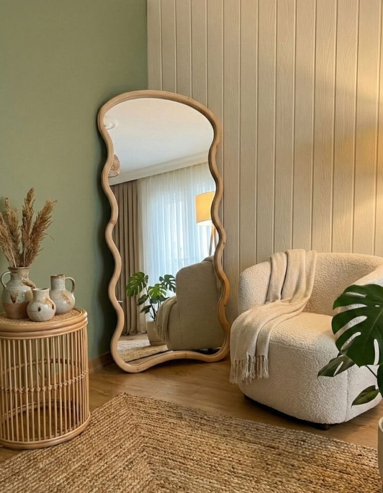 Naturel Ahşap Çerçeve Dalga Model Ayaklı Boy Aynası 80x180